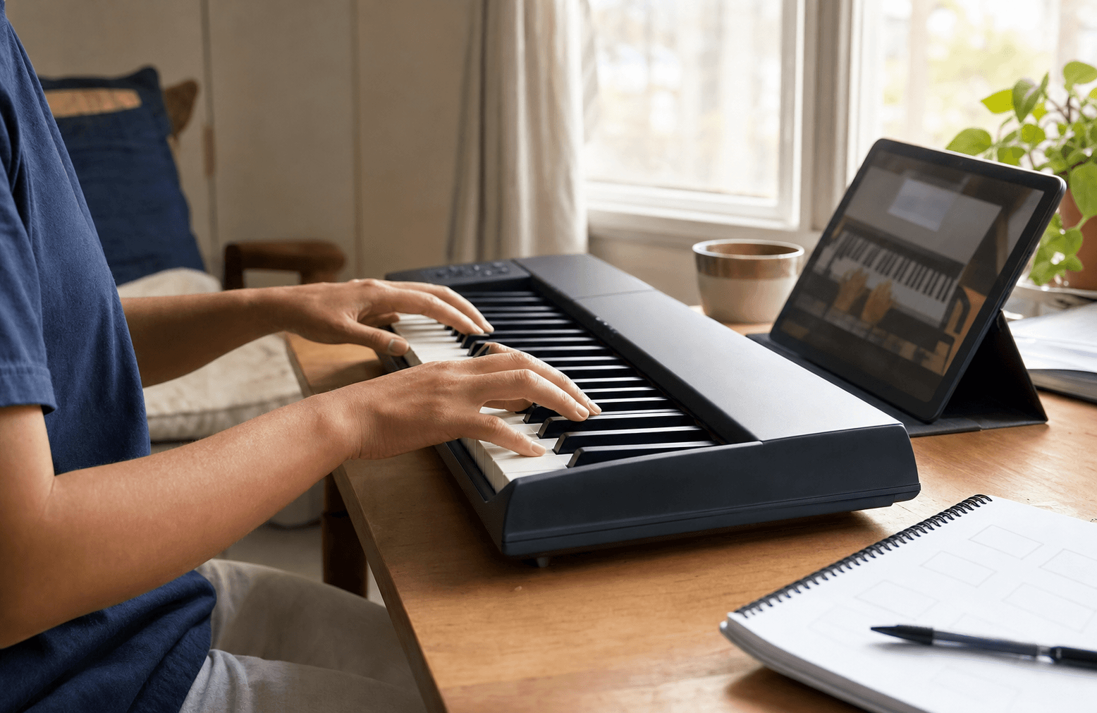Pessoa praticando teclado em casa, com uma aula aberta e um caderno ao lado