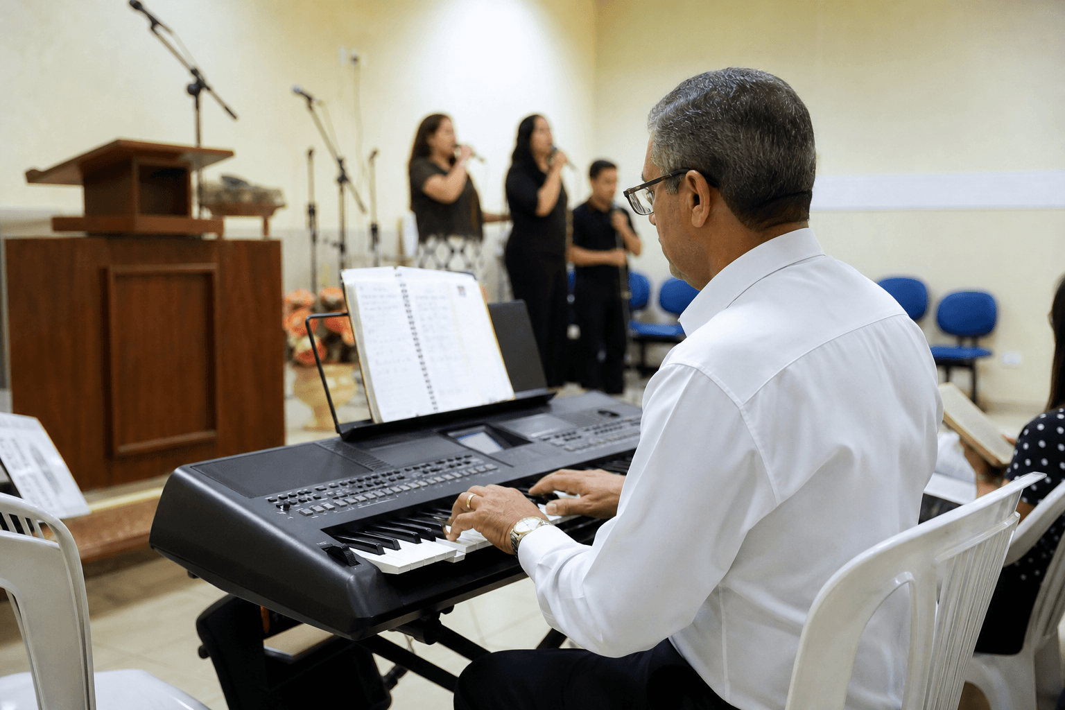 Professor demonstrando a posição das mãos no teclado