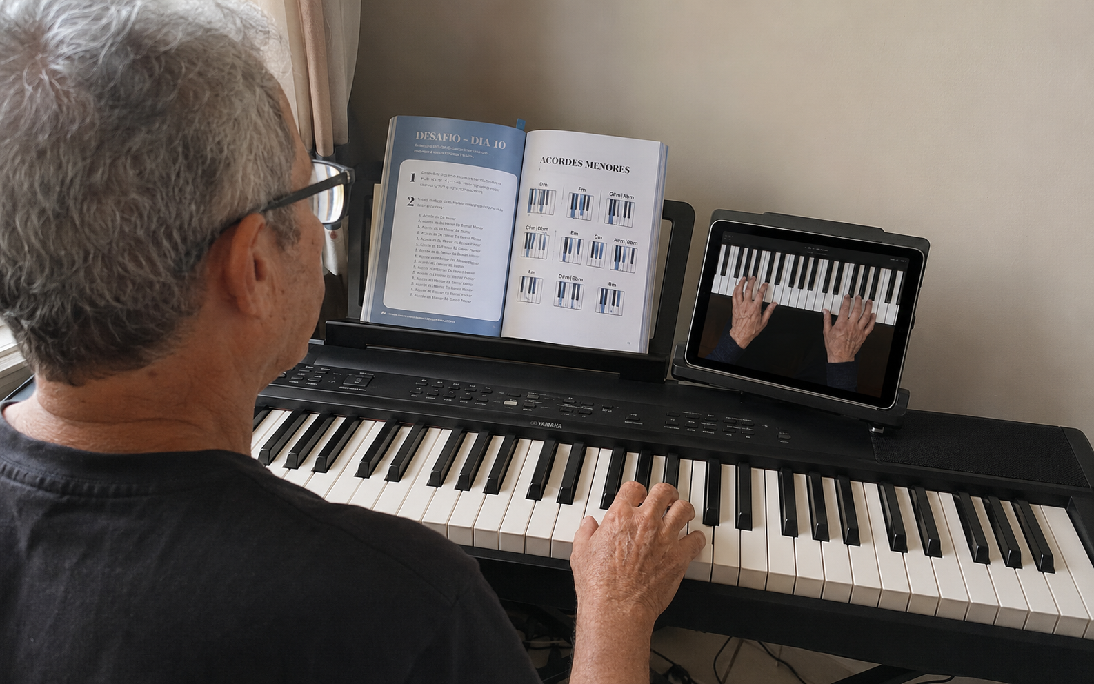 Professor demonstrando a posição das mãos no teclado